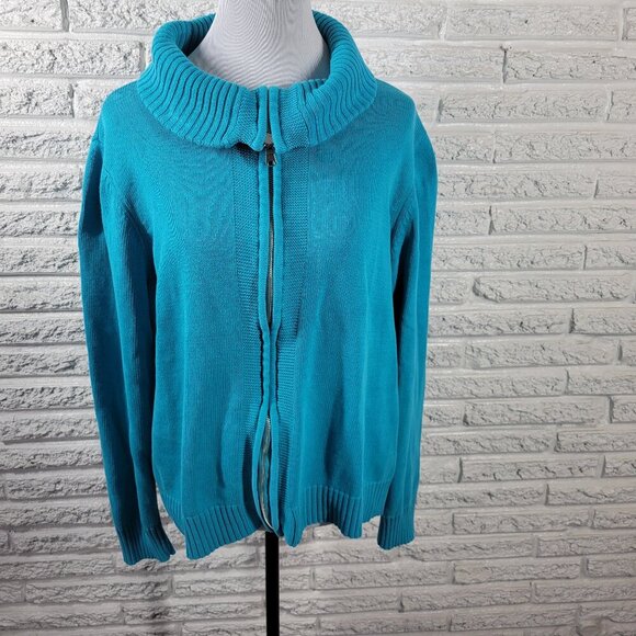 Studio Works Womens Sweater 2X Cardigan Blue Zip Cotton Turtleneck SWE85E - Picture 1 of 9